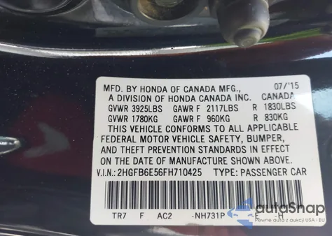 2015 Honda Civic Si from USA, damaged, VIN 2HGFB6E56FH710425